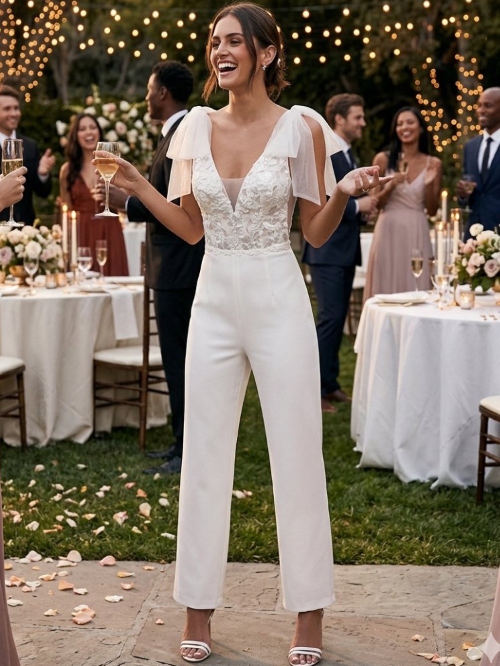 Elegant White Lace Bodice Jumpsuit with Sheer Shoulder Drapes